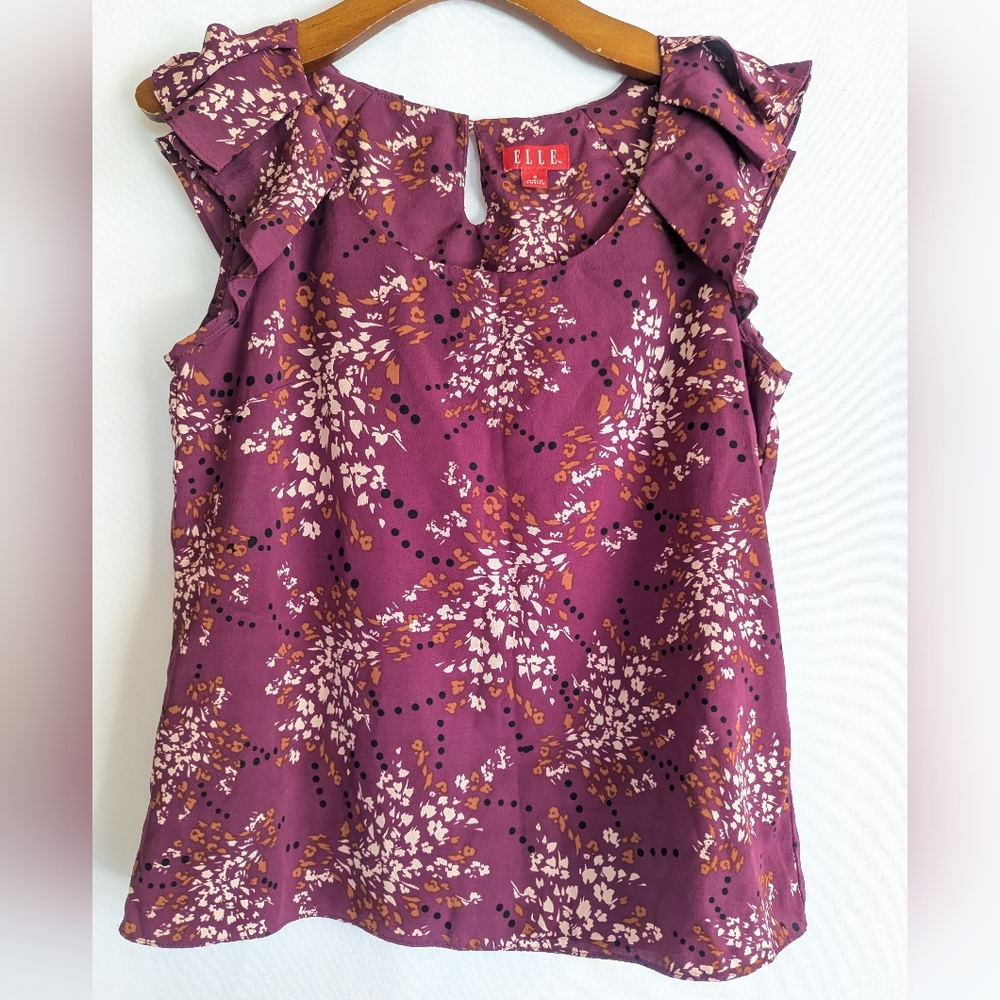 Elle Women's Small Burgundy Floral Blouse Top Office Feminine Ruffled sleeves